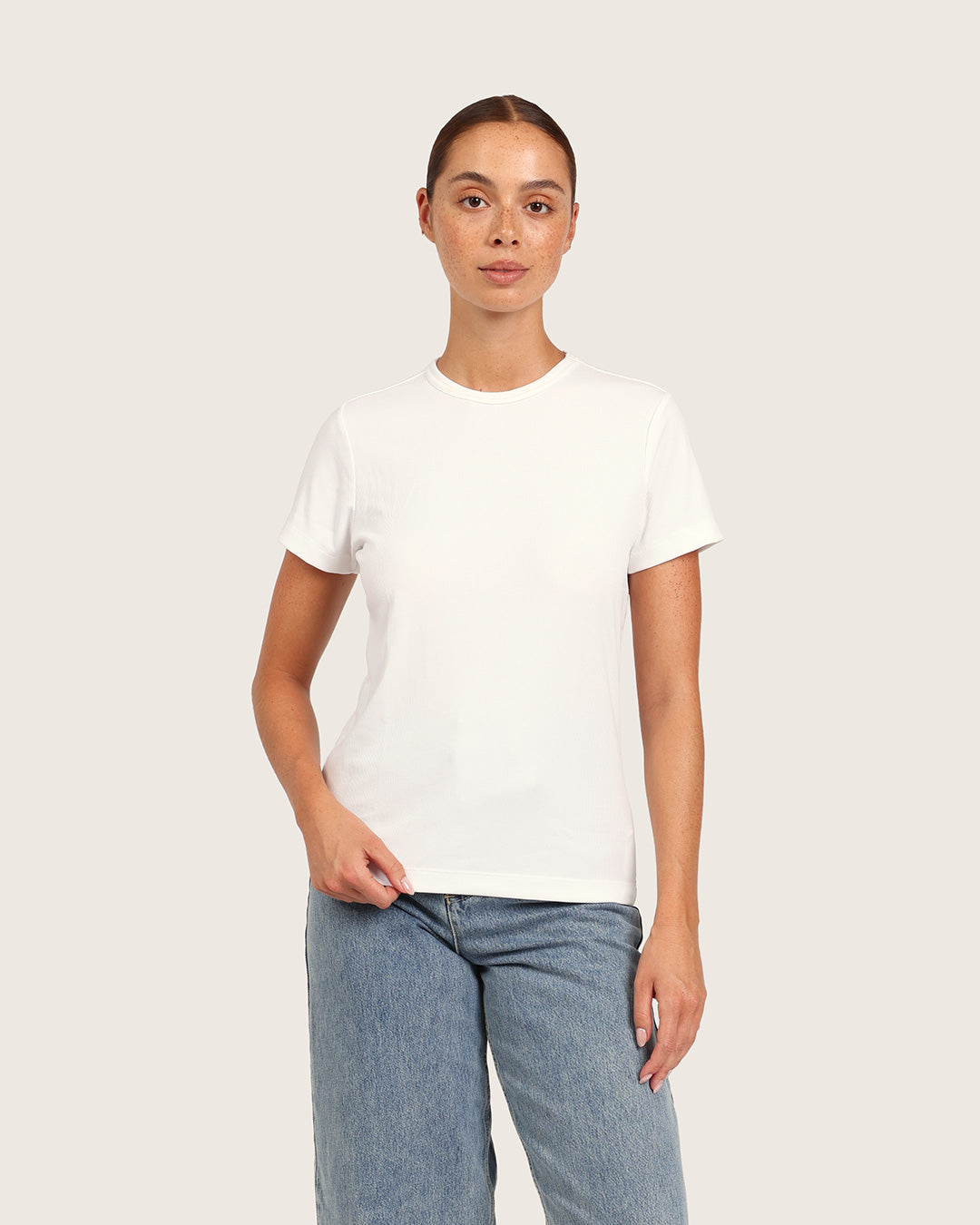 AESTHETIC クルーネック Tシャツ ホワイト 38サイズ リブ クルーネック Tシャツ | White