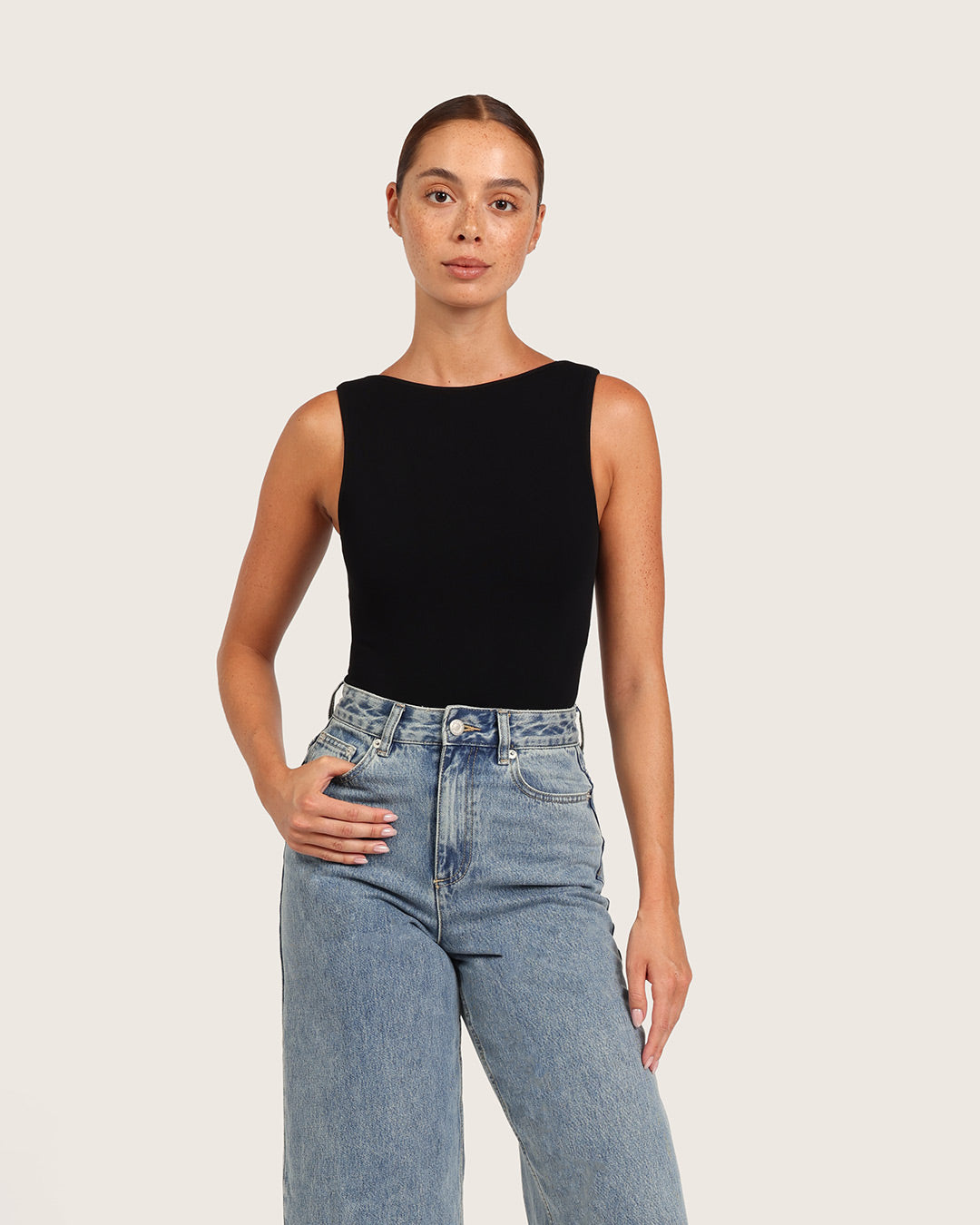 リブボートネックボディスーツ | Black